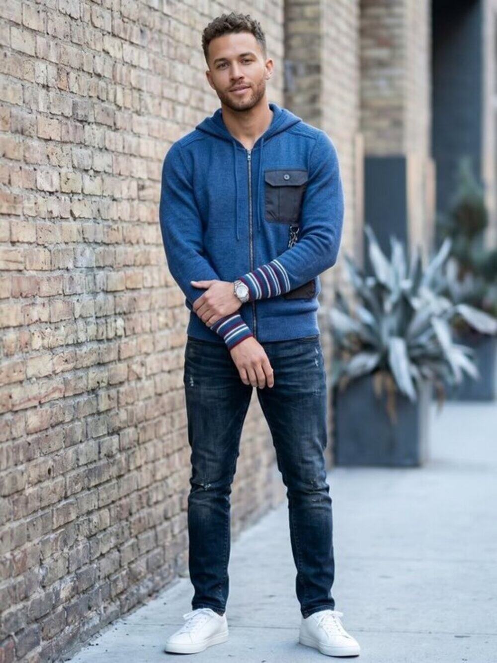 Versace men’s blue zip front hooded wool blend sweater size large
